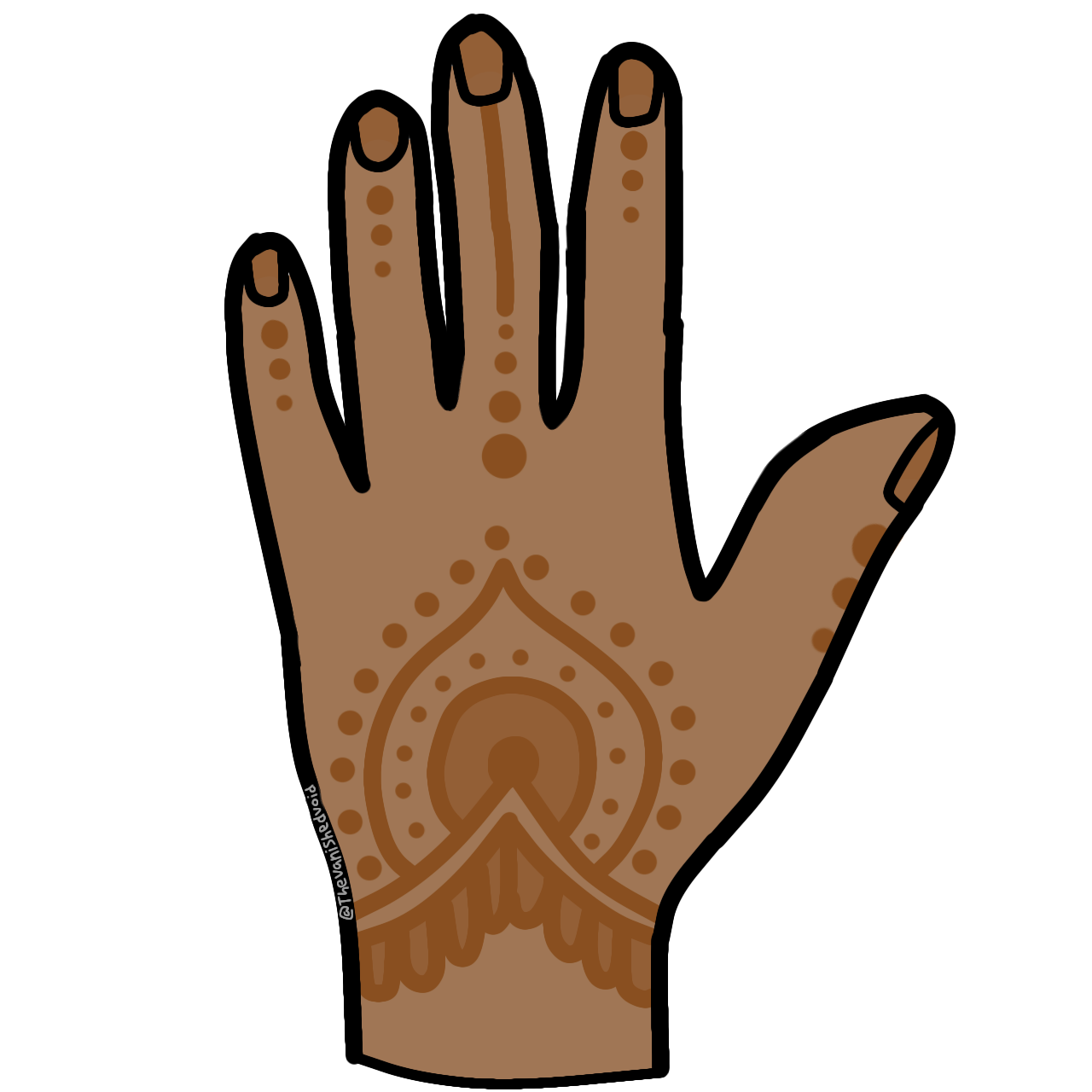 a cartoonish left hand with orange-brown stained pattern on it. the skin color is medium brown